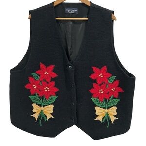 Vintage 90's Eagle's Wool Eye Needlepoint Poinsettia Holiday Christmas Vest - 2X